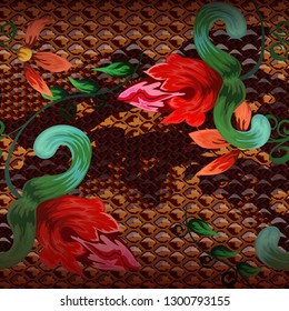 Seamless pattern - snake skin and flowers.
