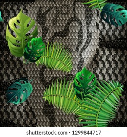 Seamless pattern - snake skin and tropical leaves