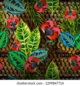 Seamless pattern - snake skin with tropical leaves and flowers.