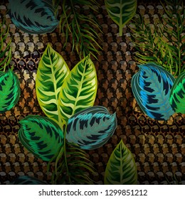 Seamless pattern - snake skin and tropical leaves