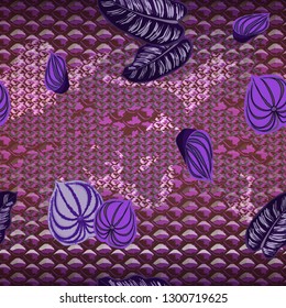 Seamless pattern - snake skin with tropical leaves and flowers.