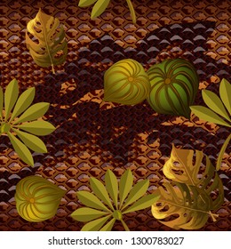 Seamless pattern - snake skin and tropical leaves