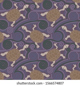 Seamless pattern of snake-necked turtle with ethnic ornament elements. Repetitive textile vector print, wallpaper design.