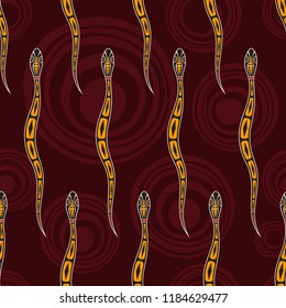 Seamless pattern of snakes with abstract circles on background. Australian art. Aboriginal painting style. Vector color background.