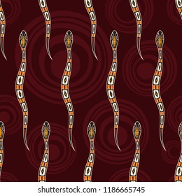 Seamless pattern of snakes with abstract circles on background. Australian art. Aboriginal painting style. Vector color background.