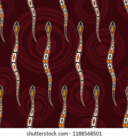 Seamless pattern of snakes with abstract circles on background. Australian art. Aboriginal painting style. Vector color background.