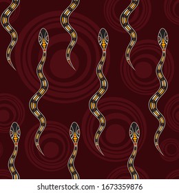 Seamless pattern of snakes with abstract circles on background. Australian art. Aboriginal painting style. Vector color background.