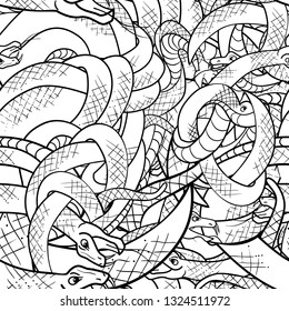 Seamless pattern with snakes. Black and white. Graphic design