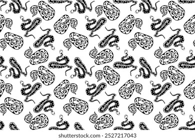 Seamless pattern with snakes, black and white colors, vector illustration of symbol of the year. Hand-drawn background for decoration, printing, gift paper.