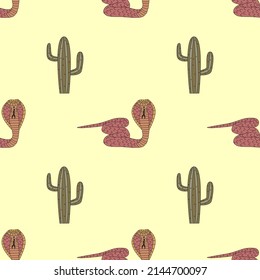 Patrón sin foco con serpientes y cactus. Ilustración vectorial plana dibujada a mano.