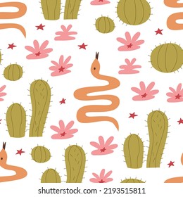 Seamless pattern with snakes, cactuses and flowers. Vector western background