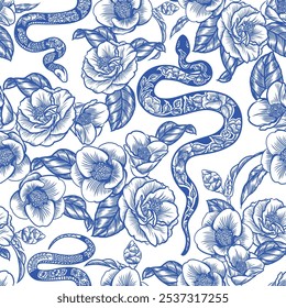 Seamless pattern snakes and camellia isolated on white background.You can change the colors from the EPS file.