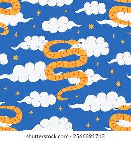 Seamless pattern with snakes and clouds. Vector mystical flat background. Zodiac chinese new year symbol