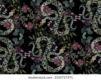 Seamless pattern of snakes and flowers on a dark background, creating a vibrant and intricate design