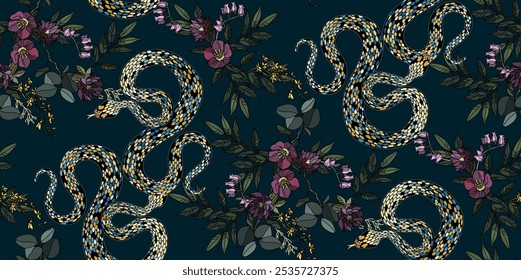 Seamless pattern of snakes and flowers on a dark background, creating a vibrant and intricate design