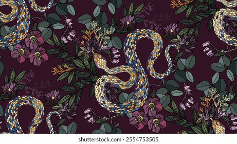 Seamless pattern of snakes and flowers on a dark background, creating a vibrant and intricate design	