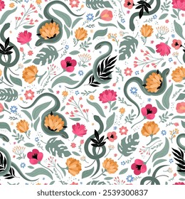 Patrón sin fisuras de serpientes y flores. Ilustración de fondo lindo simple