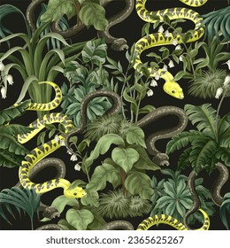 Seamless pattern with snakes and flowers. Vector