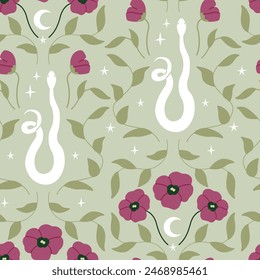 Seamless pattern with snakes, leaf branches and flowers. Bohemian floral vector background. Mystical pattern with serpents