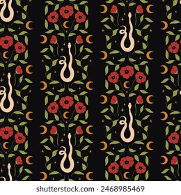 Seamless pattern with snakes, leaf branches and poppies. Bohemian floral vector background. Mystical dark pattern with red flowers and serpents