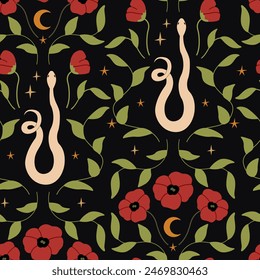 Seamless pattern with snakes, leaf branches and poppies. Bohemian floral vector background. Mystical dark pattern with red flowers and serpents