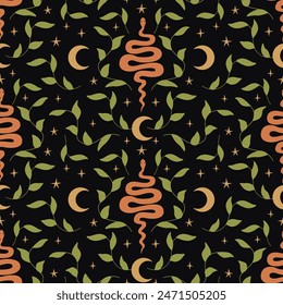 Seamless pattern with snakes, leaf branches and crescents. Bohemian floral vector background. Mystical dark pattern with foliage and serpents