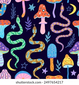 Seamless pattern with snakes and magic mushrooms. Vector illustration in simple contemporary boho style.