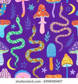 Seamless pattern with snakes and magic mushrooms. Vector illustration in simple contemporary boho style.