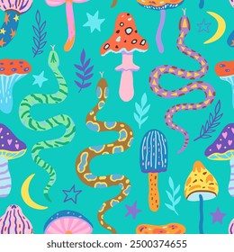 Seamless pattern with snakes and magic mushrooms. Vector illustration in simple contemporary boho style.