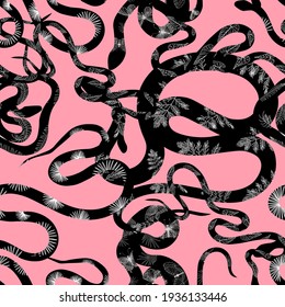 Seamless pattern with snakes. Snakes on a pink background. The textile design is modern. Vector illustration.