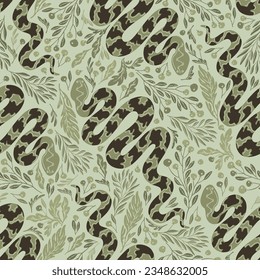 Seamless pattern snakes, plants. Boho background