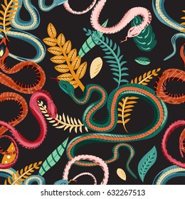 Seamless pattern with snakes and plants. Colorful wallpaper on a tropical theme on  dark background.