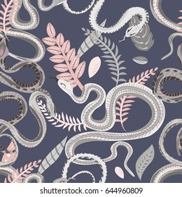 Seamless pattern with snakes and plants. Colorful wallpaper on a tropical theme on gray background.