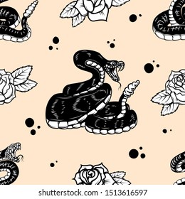 Seamless pattern with snakes and roses. Design element for poster, card, banner, t shirt. Vector illustration