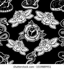 Seamless pattern with snakes and roses. Design element for poster, card, banner, t shirt. Vector illustration