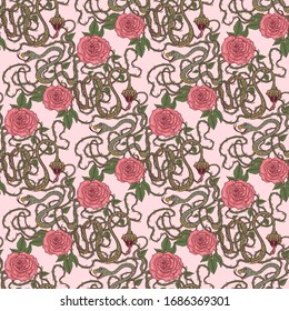 seamless pattern with snakes and roses, vector, victorian style