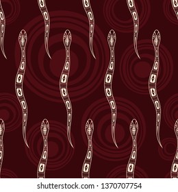 Seamless pattern of snakes silhouettes with abstract circles on background. Australian art. Aboriginal painting style. Vector color background.