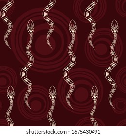Seamless pattern of snakes silhouettes with abstract circles on background. Australian art. Aboriginal painting style. Vector color background.