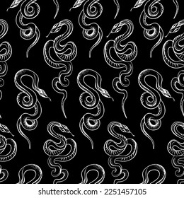 Seamless pattern of snakes, snake pattern, black background with snakes, contour drawing of snakes