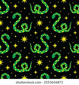 Seamless pattern with snakes and stars. Mystical snake pattern for fabric and wrapping paper. Hand drawn.