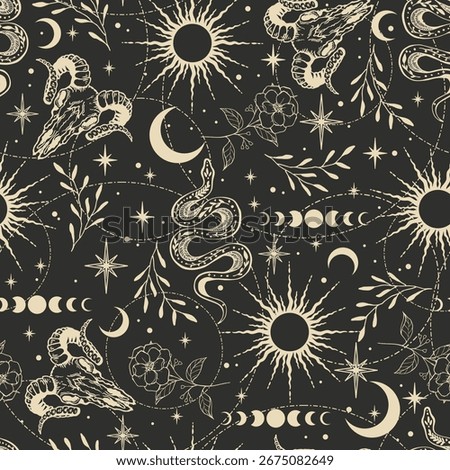 Seamless pattern with snakes, sun, moon, plants and stars. Mystical esoteric background for design of fabric, packaging, astrology, phone case, wrapping paper.