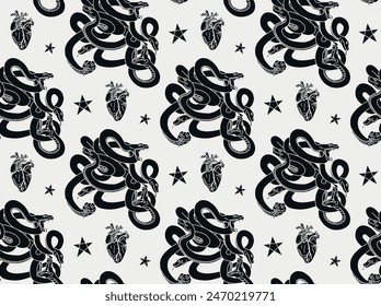 Seamless pattern with snakes. Vector illustration. Alchemical ornament. The snake and the human heart. Mystical pattern for fabric.