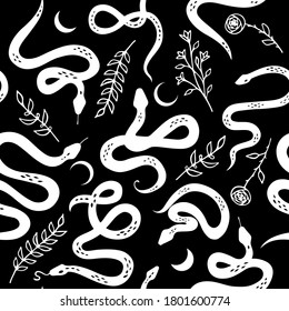 Seamless pattern with snakes, wildflowers and moon on black background. Botanical background on tropical theme. Black and white snake. Boho flat design for fabric, textile, wrapping paper, wallpaper