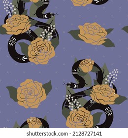 Seamless pattern with snakes and yellow roses on a lilac background. Vector illustration with hand drawn reptiles.