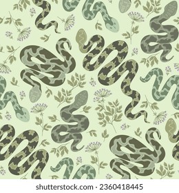 Seamless pattern with snakesand wild plants.