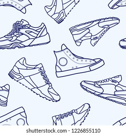 Seamless Pattern with Sneaker Shoe Flat Line Stroke Icon Pictogram Symbol Illustration isolated on white background. Backdrop with stylish sneakers or modern sports footwear for running and workout.