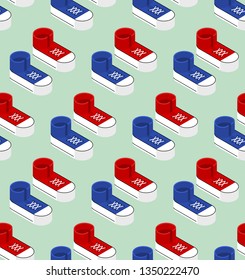 Seamless pattern with sneaker shoe, trainers in isometric style.