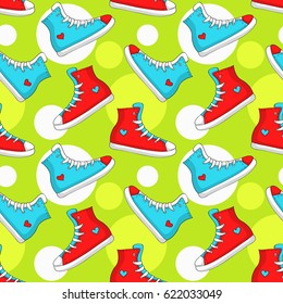 Seamless pattern with sneakers and circles. Colorful background with hand drawn red and blue shoes. Vector illustration.