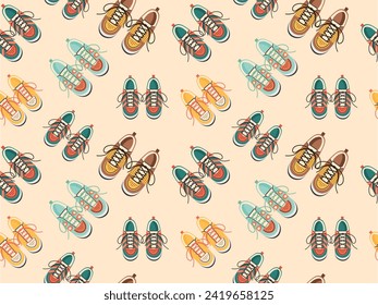 Seamless pattern with sneakers of different colors. Various types of casual and sports shoes, top view. Fashionable sneakers. Vector illustration for textile, background, wallpaper, wrapping paper