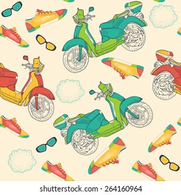 Seamless pattern with sneakers, mopeds and sunglasses. hipster style